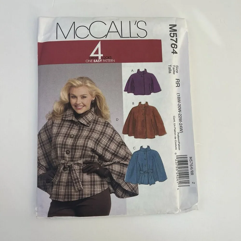 Capelet Belt Loose Jacket Collar Size 18-24w UNCUT Pattern m5764 Vintage Coat